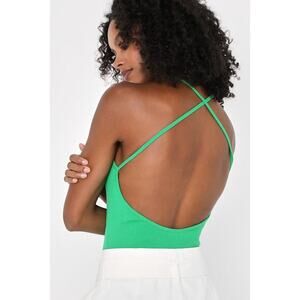 Lulus Sunny Look Green Ribbed Sleeveless Cross Back Bodysuit - Size M